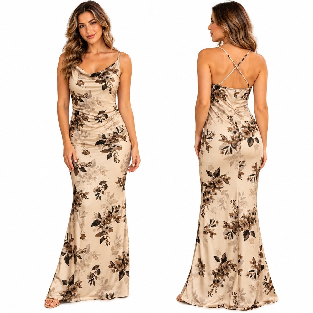 Floral Satin Maxi Slip‎ Dress Cowl Neck Cross Back Y2K Romantic Wedding Prom 6
